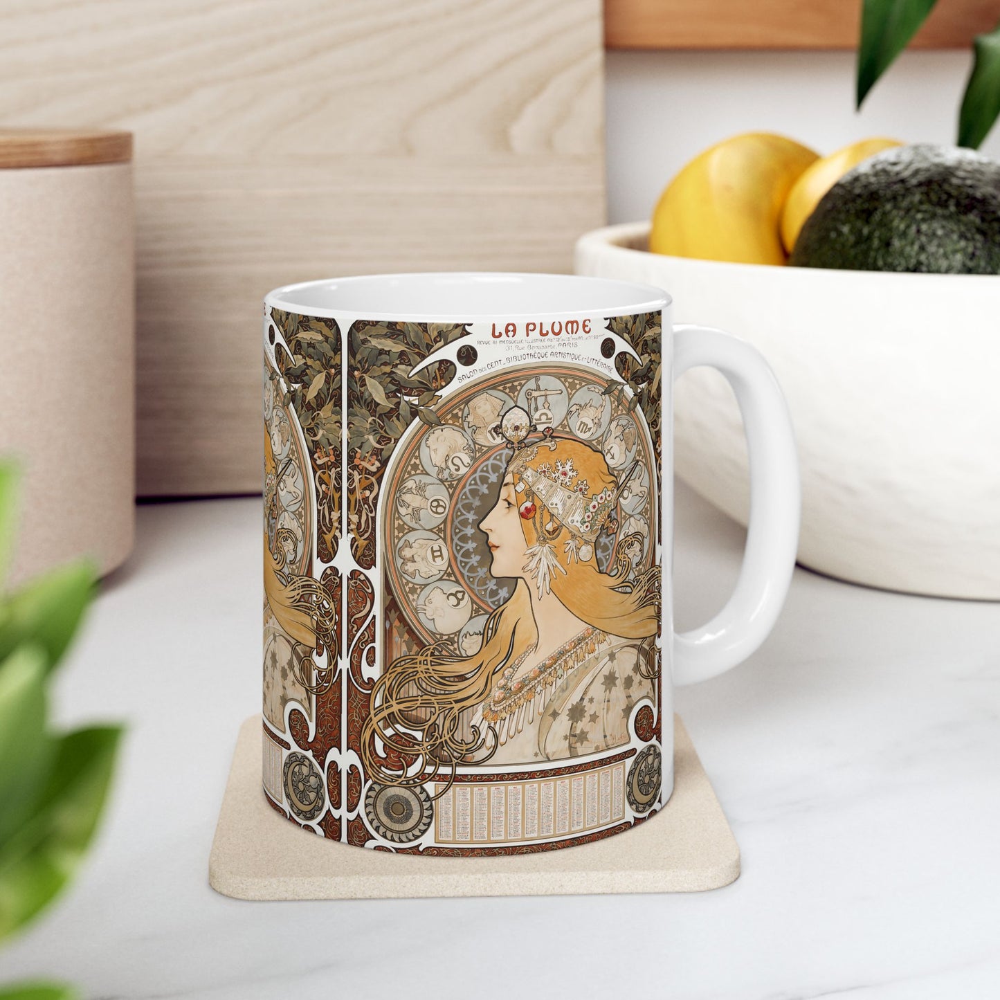 Alphonse Mucha La Plume Zodiac Mug - Art Nouveau Ceramic Coffee Cup Gift