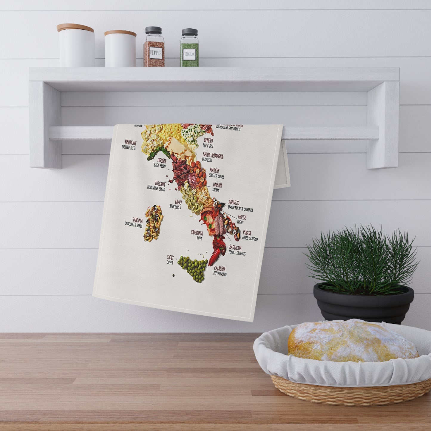 Italy Food Map Tea Towel - Culinary Regions Illustrated Cotton Kitchen Towel