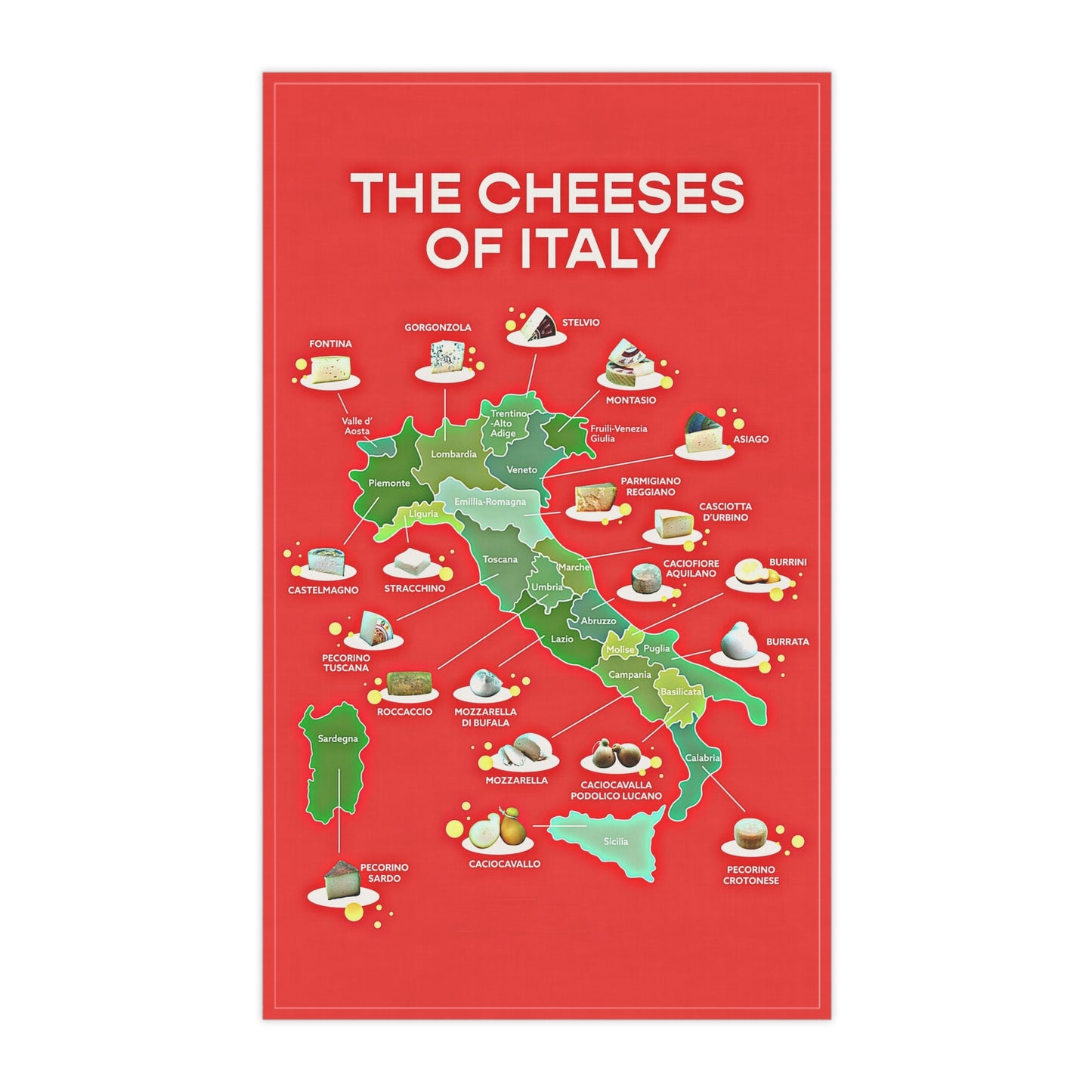 Cheeses of Italy Tea Towel - Culinary Map Kitchen Towel