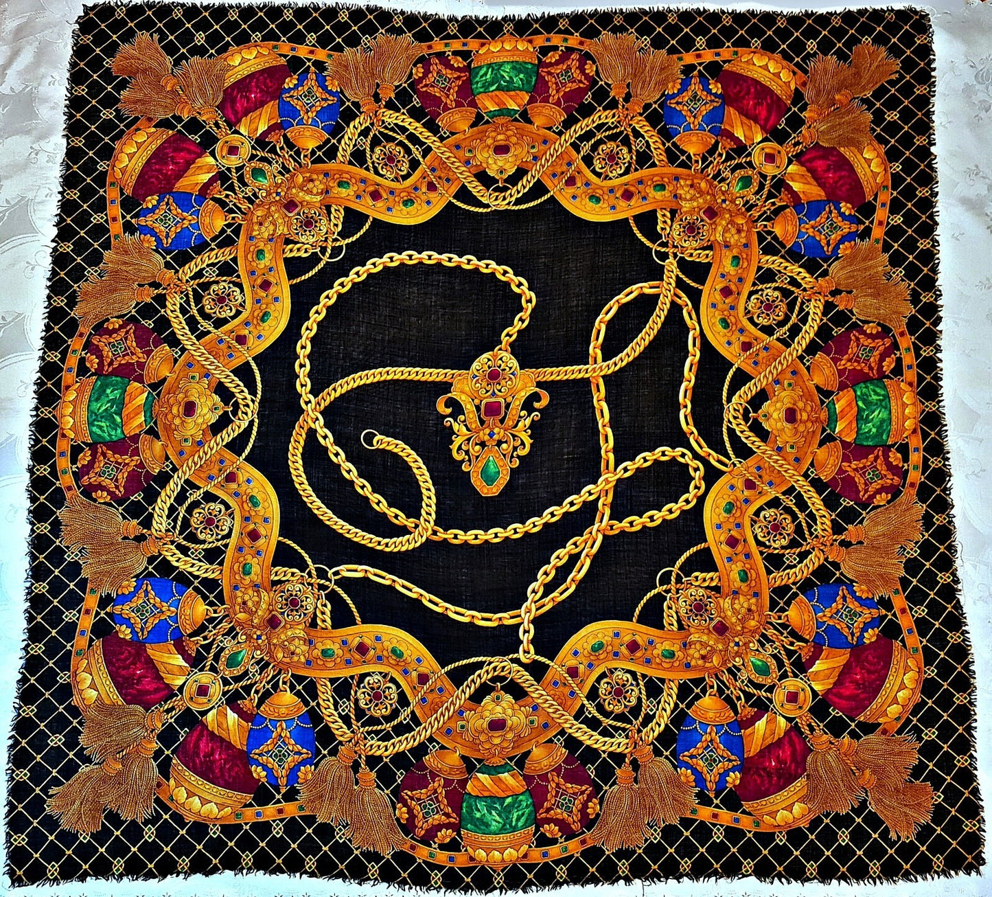 Scarf Rare Vintage Authentic Celine Paris Jewelry Gold Eggs Wool Silk 54" Square