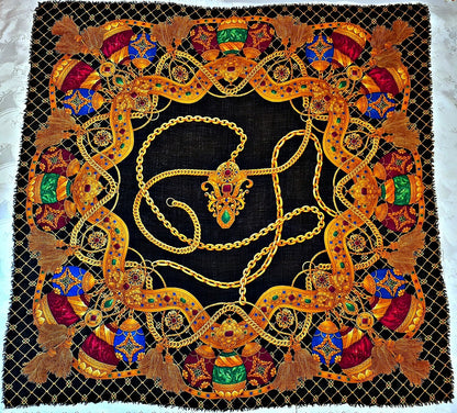 Scarf Rare Vintage Authentic Celine Paris Jewelry Gold Eggs Wool Silk 54" Square