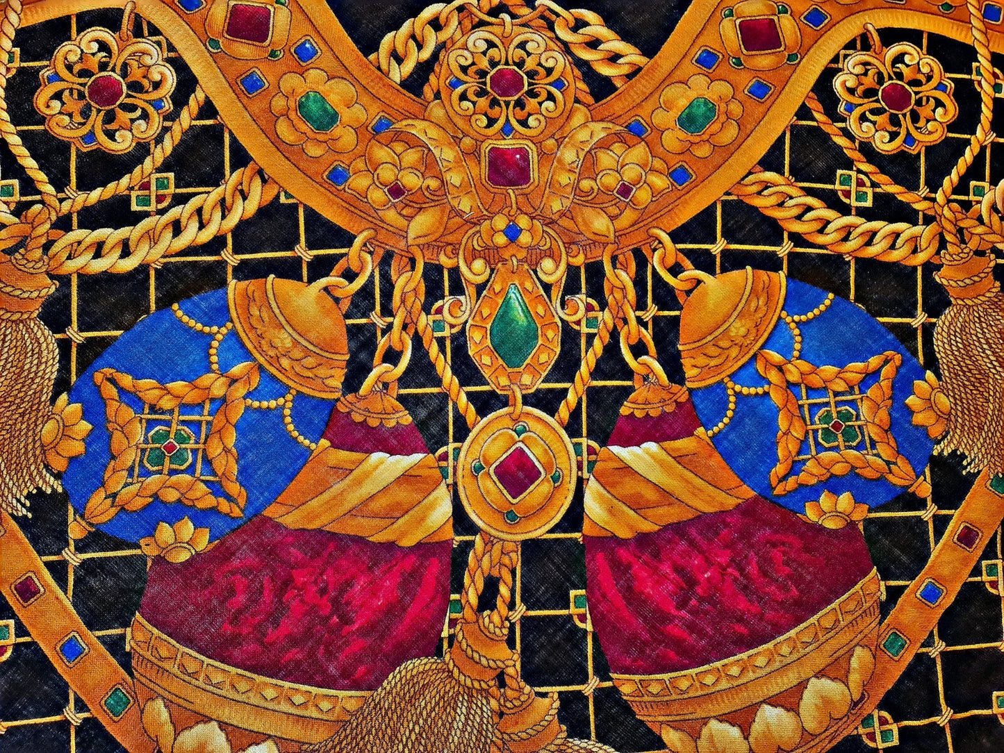 Scarf Rare Vintage Authentic Celine Paris Jewelry Gold Eggs Wool Silk 54" Square