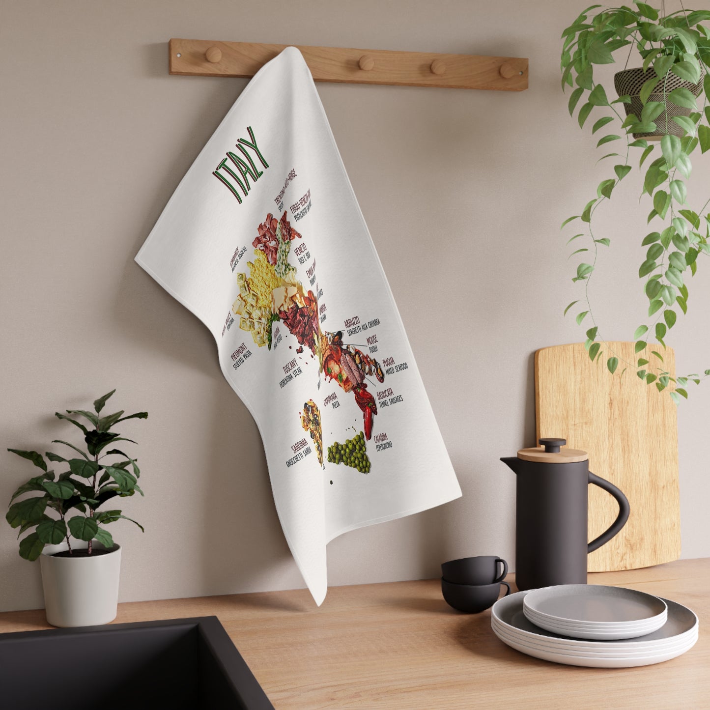 Italy Food Map Tea Towel - Culinary Regions Illustrated Cotton Kitchen Towel